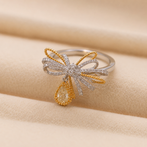 Bague de cocktail traditionnelle en laiton bicolore de luxe avec nœud papillon et pierre de zircon ronde, ajustable, cadeau de mariage pour femme, bijoux - Product Image 3