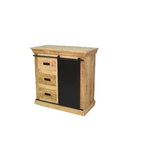 Commode en bois de manguier massif faite à la main porte coulissante en fer Style moderne industriel rustique trois tiroirs rangement chambre salon - Product Image 1