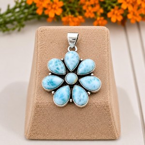 Blue Gemstone <b>Larimar</b> Flower Pendant Sterling Silver Statement <b>Jewelry</b> Necklace Boho Southwestern <b>Jewelry</b> Gift for Women - Product Image 1
