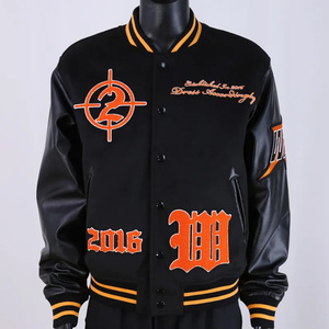Chaqueta Varsity de Hip Hop para Hombre, Cuero Vacuno, Cuello Tejido Bordado, Estilo Urbano, Paquete Individual Incluido - Product Image 1