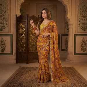 Stylish Women's Yellow <b>Orange</b> Printed <b>Saree</b> With Embroidery And Mirror Work Traditional Indian Wedding And Party Wear - Product Image 1