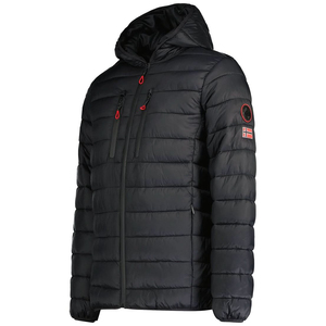 Men's Black Quilted Hooded Jacket Windproof Casual Winter Outerwear with Zipper Closure and Red Accents OEM ODM - Product Image 2