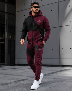 Ensemble de survêtement à capuche VIBE CRAFT pour homme, color block, vert olive et blanc, en coton, décontracté, pour l'automne, manches longues, pantalon à cordon de serrage - Product Image 2