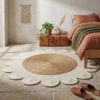 Tapis rond en jute tressé motif marguerite, fait main, style bohème et rustique, pour décoration intérieure