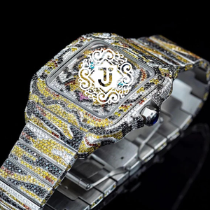 Montre de luxe carrée à quartz pour femmes et hommes, pavé complet de pierres précieuses multicolores, bracelet en acier inoxydable, cadran analogique, idéale pour un cadeau - Product Image 3