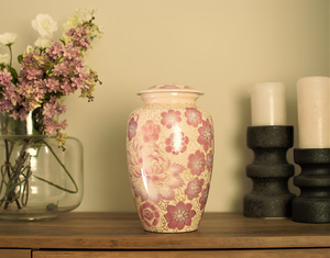 Pink Floral Aluminum Cremation Urn <b>Memorial</b> Jar Handcrafted Adult Ashes Keepsake <b>Vase</b> Tabletop Decor - Product Image 3