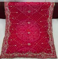 Châle carré rouge brodé en tissu de sari, orné de Zari et de sequins, pour femme, idéal pour mariage et fête