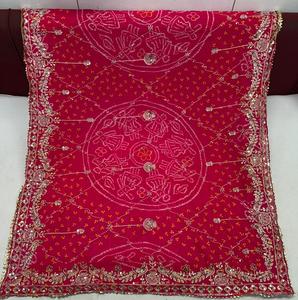 <b>Red</b> Embroidered Saree Fabric Heavy Hand Zari <b>Sequin</b> Square Shawl for Women Wedding Party - Product Image 3