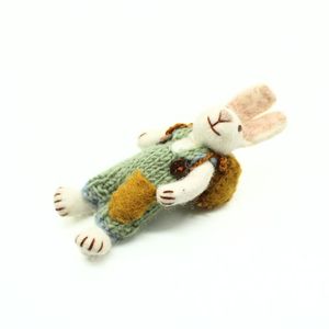 Handmade Knitted Rabbit Ornament In Green Overalls With Brown Pockets Hanging On <b>Tree</b> <b>Branch</b> Cartoon Animal Decor - Product Image 6
