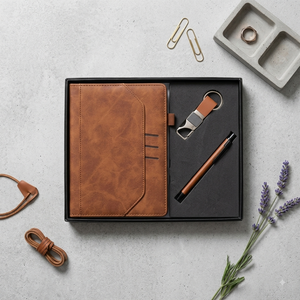 Aurelux Luxury Brown Velvet Cover Case Bound <b>Notebook</b> Corporate Gift <b>Set</b> 192 Pages Premium Metal Keychain Professional Writing - Product Image 6
