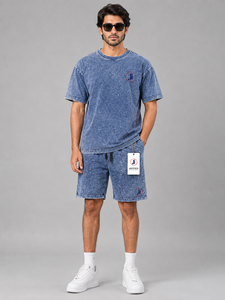 <b>Men</b> Acid Wash Summer <b>Set</b> Premium Casual Two Piece Outfit <b>Short</b> Sleeve <b>Top</b> <b>and</b> Relaxed Fit <b>Shorts</b> 100% Cotton - Product Image 1
