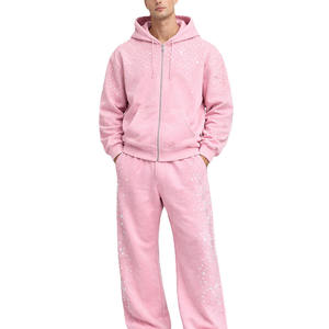 Men's Pink Hooded Tracksuit Full Zip Sweatshirt <b>Jogger</b> <b>Set</b> Casual Loose Fit Autumn Wear Customized Wholesale Price - Product Image 6