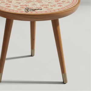 Handcrafted Meenakari Wooden <b>Stool</b> with Floral Mandala Art Traditional Indian Style <b>Round</b> Side Table Decorative Tripod Accent - Product Image 4