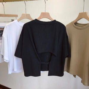 Nouveau T-shirt décontracté dos nu pour femme, style coréen, col rond, coupe ample, manches courtes, crop top tendance été 2023 - Product Image 4