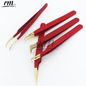Ensemble de pinces à cils en acier inoxydable, couleur rouge vif, pointe brillante or 24 carats, poignée diamantée professionnelle, logo personnalisé - Product Image 3