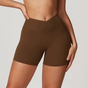 Shorts de yoga taille haute sans couture pour femme, couleur crème unie, en Spandex et Nylon, avec taille élastique, pour fitness, course et cyclisme, longueur courte - Product Image 4