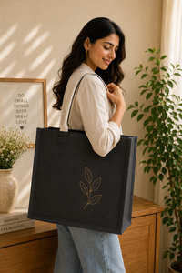 Jute Shopping Tote <b>Bag</b> <b>Medium</b> <b>Size</b> Embroidered Leaf Design Hand Length Handle - Product Image 4