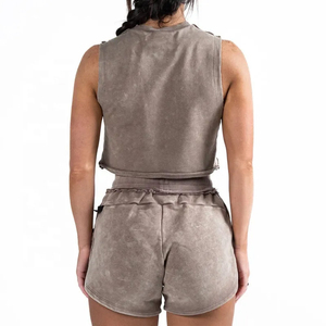 Women Acid Wash Crop Top and Shorts <b>Set</b> Sleeveless <b>Two</b> <b>Piece</b> Casual <b>Lounge</b> Wear Gray Knitted Cotton Spandex - Product Image 3