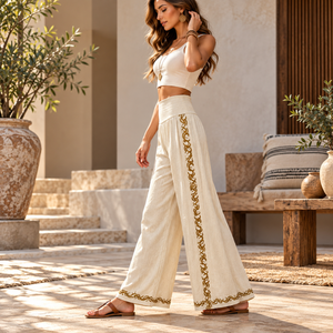 Pantalones Boho de Pierna Ancha para Mujer, Cintura Elástica, Cintura Alta, Estampado Tribal, Relajados |   Ligero y Transpirable para Festivales, Playa y Resort - Product Image 4