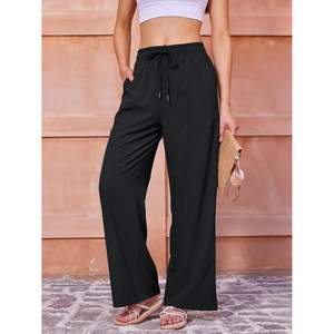 2025 femmes décontracté large jambe pantalon taille haute pantalon avec cordon léger respirant coton froissé Technique - Product Image 1