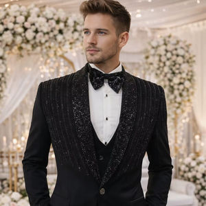 Esmoquin Negro de Diseñador Bordado a Mano, Chaqueta Negra Tradicional para Novio, Traje de Boda Indio para Hombre - Product Image 1