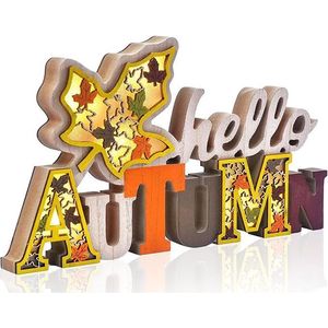Decorazione da Tavolo 3D 'Hello Autumn', Piatto Decorativo Rustico per il Ringraziamento, Insegna Luminosa in Legno con Foglie d'Acero per Decorazioni - Product Image 1