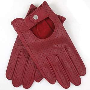 Gants en cuir rouge perforés respirants, longueur poignet, fermeture à bouton-pression, unis, pour l'été - Product Image 4