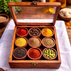 Handmade Style Wooden <b>Spice</b> <b>Box</b> Indian Handcrafted Masala Dabba, Rustic Kitchen Organizer, Glass Lid - Product Image 1
