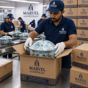 หม้ออุ่นอาหารเคลือบสีน้ำเงินลายดอกไม้ พรีเมียม ยี่ห้อ Marvel Handicrafts ทำจากสแตนเลส เก็บความร้อนได้ดี ใช้สำหรับเสิร์ฟอาหารในครัว - Product Image 4
