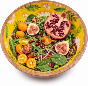 Bol à salade en bois nordique avec motif de feuilles grises à l'intérieur, plat rond, passe au lave-vaisselle - Product Image 4
