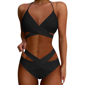 Conjunto de bikini sexy de cintura alta con tiras y estampado animal para mujer, microbra con cristales y diseño hueco entrecruzado, ropa de playa OEM ODM - Product Image 4