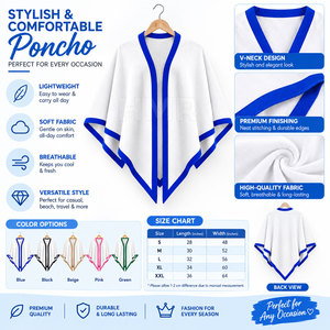 Poncho HMR Sorority Sisterhood blanc avec bordure bleue, col en V, manches chauve-souris, décontracté, toutes saisons, respirant - Product Image 6