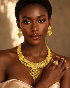 Designer 24K Gold Plated Geometric African Jewelry Set for Women <b>Statement</b> <b>Necklace</b> with Earrings & Ring Fashion - Product Image 3