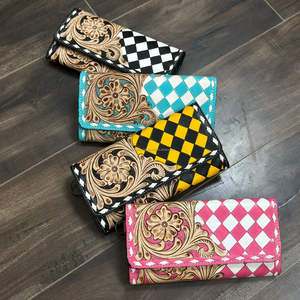 Portefeuille long en cuir à carreaux floral artisanal 2026, rose mignon, avec protection RFID, organiseur de cartes et de monnaie, pochette pour femme - Product Image 5