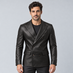 <b>Men's</b> Luxury Black <b>Leather</b> <b>Blazer</b> Double Breasted Tailored Fit Six Button Closure Peak Lapel Formal Wedding Suit Jacket Premium - Product Image 4