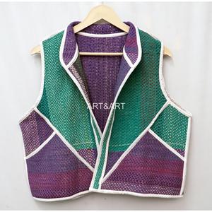 Multicolor Handmade 100% Cotton Kantha Short Vest <b>Jacket</b> <b>Women</b> V-neck Elegant Patchwork Pattern Button Detail <b>Vintage</b> Breathable - Product Image 4