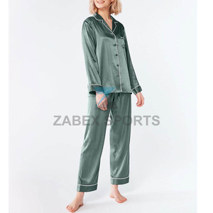 Ensemble de pyjama pour femmes de qualité supérieure, tissu satiné, polyester/coton, logo personnalisé, fermeture à cordon sur le devant, manches longues, doux, respirant, séchage rapide - Product Image 2
