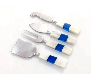 Stainless Steel Silver Cheese Set White And Blue Resin Handmade Handle Cheese Knife Set Inexpensive Cheese Tool Set