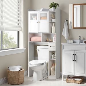 Mobile Bagno Moderno Bianco a Doppia Anta in MDF con 2 Pannelli Regolabili, 1 Cassetto e 3 Ripiani Laterali per Casa, Camera da Letto, Scuola - Product Image 1