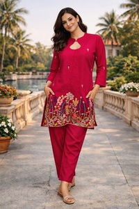 Conjunto de Kurti y Pantalón de Algodón y Seda Bordado para Mujer – Ropa Étnica de Diseño con Puntada de Cadena - Product Image 3