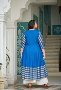 Angrakha Neck Rayon Anarkali Kurti Women's <b>Plus</b> <b>Size</b> Stripe Printed Three Quarter Sleeves Flared Fit Casual Wear Blue - Product Image 6