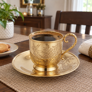 Ensemble tasse et soucoupe en laiton gravé à la main, luxe, or antique, tasse à café décorative, vaisselle en métal vintage, vaisselle de cuisine - Product Image 4