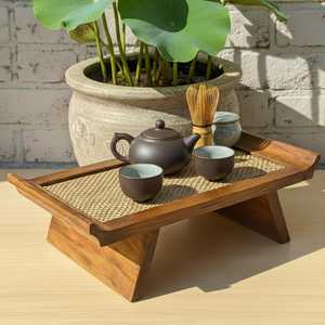 Plateau de service rectangulaire en bois et bambou tressé, fait main et peint à la main, design rustique asiatique zen, compatible lave-vaisselle, idéal pour les fêtes - Product Image 5