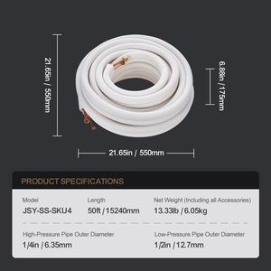Set di tubi in rame da 50FT per mini split, 1/4'' e 1/2'' D.E., con isolamento a triplo strato per unità di condizionamento mini split - Product Image 3