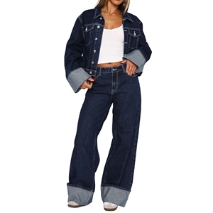 Jeans de Mezclilla de Cintura Alta para Mujer, Estilo Vintage, Dobladillo Plegado, Transpirables, Antiarrugas, Frente Plano, Pierna Recta, Corte Holgado de Verano, 100% - Product Image 5