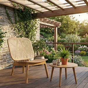 Chaise longue Kana en teck avec structure en bois et rotin naturel, design moderne et confortable, meubles écologiques pour la maison, idéale pour les villas - Product Image 2