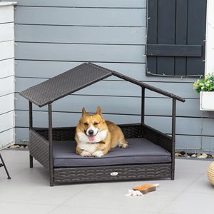 Cuccia Rialzata per Cani in Vimini con Motivo a Righe, Cuccia per Gatti in Rattan PE con Cuscino Grigio e Tettuccio - Product Image 2