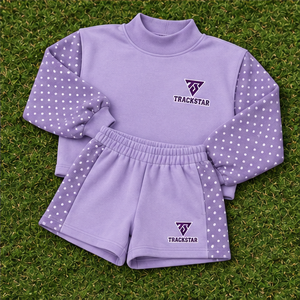 Ensemble 2 pièces pour femme en molleton lavande à pois, col montant, sweat-shirt à épaules tombantes et short assorti, vente en gros personnalisée - Product Image 6