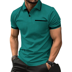 Camisa de Piqué Sólida para Hombre, Manga Corta, Casual, para Golf y Tenis, con Bolsillo en el Pecho, Cuello en Contraste, Transpirable, para Verano - Product Image 1