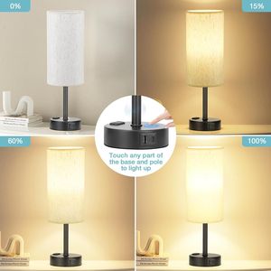 Lampada da Comodino Beige Chiaro Dimmerabile a 3 Livelli con Porte di Ricarica USB-C e Presa AC per Comodino o Camera da Letto - Product Image 2